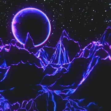 Neon synthwave mountain landscape under a purple moon